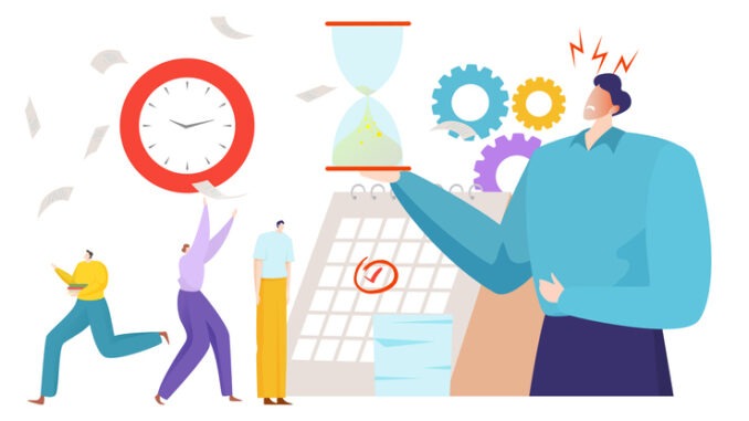 Business time management deadline stress job, company leader hold hourglass final date flat vector illustration, isolated on white.