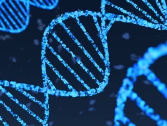 Neon glowing DNA strands floating in fluid. Illustration of the concept of genetic engineering and gene therapy