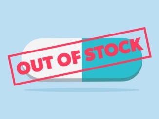 Out of stock medication. Drug shortage. Blue pill with red text stamp.