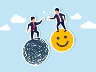 A businessman facing a complex problem asks for help from a kind-hearted businessman riding a smiley emoticon, illustrating receiving help when dealing with issues
