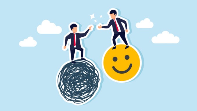 A businessman facing a complex problem asks for help from a kind-hearted businessman riding a smiley emoticon, illustrating receiving help when dealing with issues