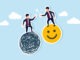 A businessman facing a complex problem asks for help from a kind-hearted businessman riding a smiley emoticon, illustrating receiving help when dealing with issues