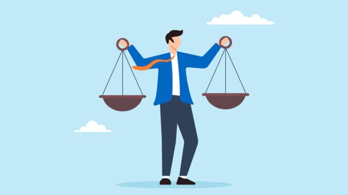 Flat illustration of Businessman compares scales to measure integrity and ethical decisions representing pros and cons