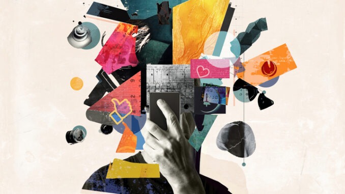 Digital overload and its impact on the human brain, showcasing fragmented thoughts, information overload. Abstract design art collage. Social media digital addiction, mental health, stress, anxiety