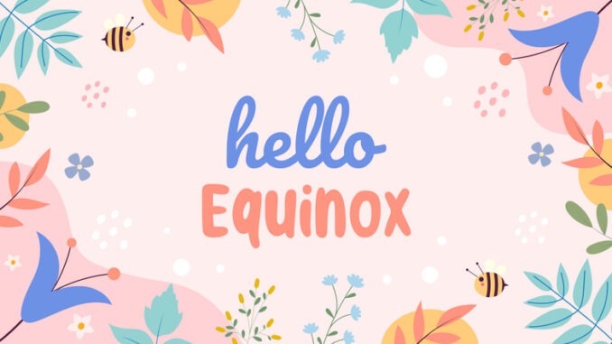 Hello spring equinox. Hand-drawn vector background with spring elements and text.