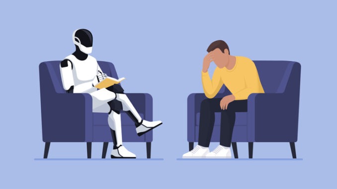 Psychologist AI humanoid robot talking with a sad depressed patient,