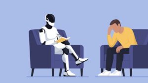 Psychologist AI humanoid robot talking with a sad depressed patient,