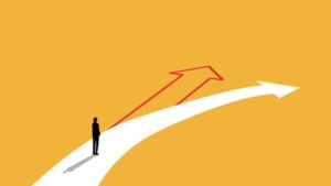 business person tying to choose the way forward