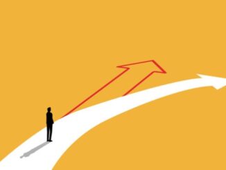 business person tying to choose the way forward