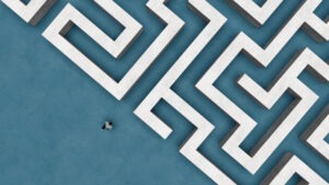 Top View of Man Entering Huge Concrete Maze - Symbol of Challenge, Confusion, and Life Journey 3D Render