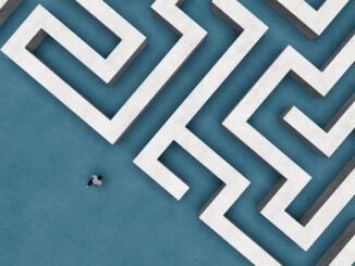 Top View of Man Entering Huge Concrete Maze - Symbol of Challenge, Confusion, and Life Journey 3D Render