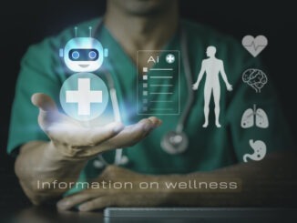 Healthcare professional using agentic AI assistants to access wellness information. Concept of technology, data analysis, healthcare innovation, and modern digital advancements for better outcomes.