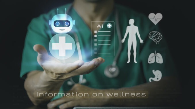Healthcare professional using agentic AI assistants to access wellness information. Concept of technology, data analysis, healthcare innovation, and modern digital advancements for better outcomes.