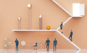 Business People walking up stairs – 3D Rendering of Teamwork and Effort in financial world