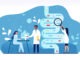 Male and female doctors are studying gut microflora together. Concept of digestive stomach living organisms and gastrointestinal microbe living in gut. Flat cartoon vector illustration