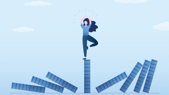 Risk management. Economic crash, financial collapse. Businesswoman meditating for relax. Reduce stress and eliminate distraction. Confident woman meditating with yoga pose on standing domino. Vector