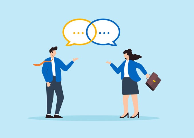 Flat illustration of businessman and businesswoman having conversation with linked speech bubbles effective communication and mutual understanding in business