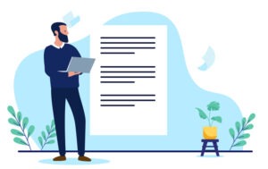 Businessman with laptop showing contract, legal agreement, paperwork, or important policy on white paper. Flat design vector illustration