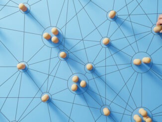 Social media networking. Network with members connected with each other. Group of people. Communication, teamwork, community, society. Abstract concept with wooden pieces on blue background.