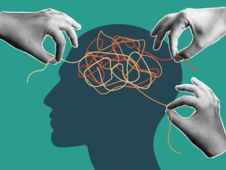 Halftone collage banner, three hands unraveling a ball of thread in the head, the concept of psychological help.