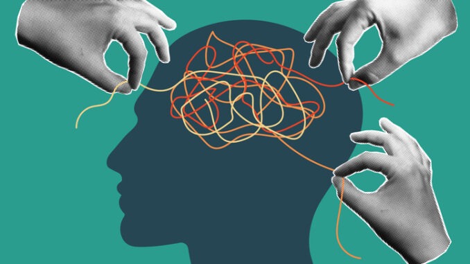 Halftone collage banner, three hands unraveling a ball of thread in the head, the concept of psychological help.