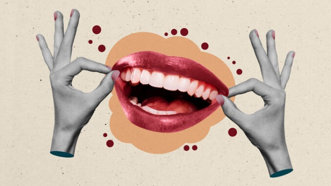 Composite photo collage of hands hold mouth smile lips pomade tooth-care treatment happy mood leisure isolated on painted background.