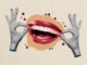 Composite photo collage of hands hold mouth smile lips pomade tooth-care treatment happy mood leisure isolated on painted background.