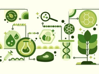 Biotechnology and scientific research concept. Includes components such as plants, DNA, molecules, test tubes, syringes. Medicals production and bioengineering. Web banner template, flat vector design