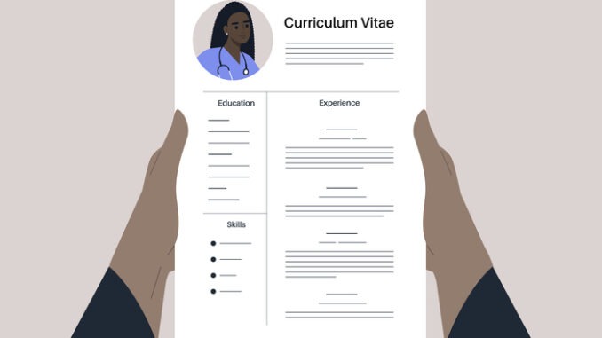 Hands holding a CV that creatively outlines education, experience, and skills, highlighting modern design and personal branding in career advancement