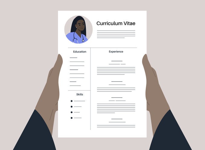 Hands holding a CV that creatively outlines education, experience, and skills, highlighting modern design and personal branding in career advancement