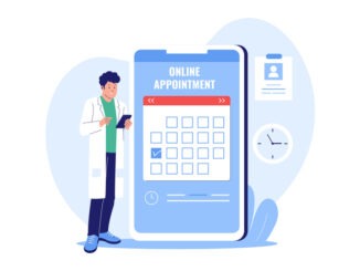 Illustration of Online Appointment System and Digital Scheduling. Doctor Managing Patient Appointments on a Smartphone Calendar