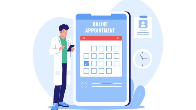 Illustration of Online Appointment System and Digital Scheduling. Doctor Managing Patient Appointments on a Smartphone Calendar