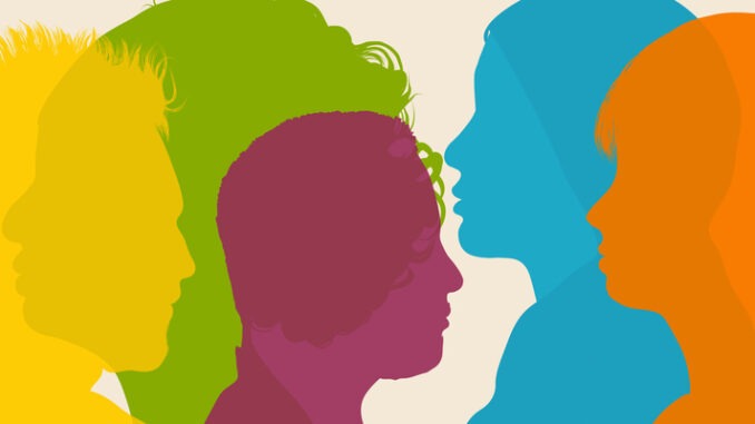 Vibrant overlapping silhouettes of diverse people symbolizing unity, inclusion, and multicultural harmony. Ideal for diversity campaigns, social projects, HR communication, education, and equality themes