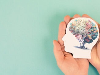 Hands holding paper head, human brain with flowers, self care and mental health concept, positive thinking, creative mind