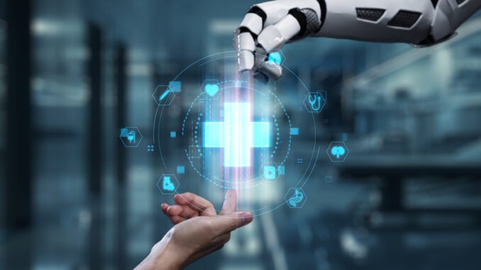 Robot and human reaching hand and pointing finger with medical cross icon floating. Close up of robotic hands and human working together while pointing finger at laboratory background. Salubrious.