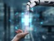 Robot and human reaching hand and pointing finger with medical cross icon floating. Close up of robotic hands and human working together while pointing finger at laboratory background. Salubrious.