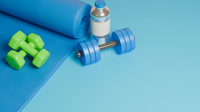 3D rendered workout equipment for training at home on blue background, Top view.